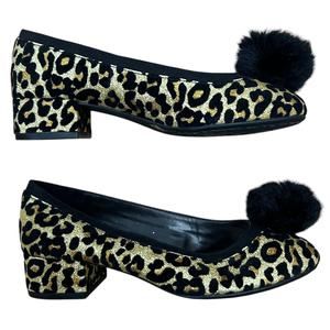 GB Girls Dress Shoes Size 2M Sparkle Leopard print with Pom poms